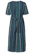 Midikleid in Blau- und Grüntönen mit vertikalen Streifen, kurze Ärmel, Rundhalsausschnitt, Bindegürtel hinten, gerade geschnitten