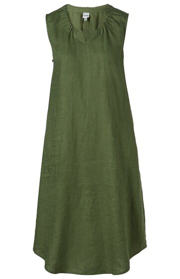Ärmelloses ärmelloses Kleid in olivgrün, rundhalsausschnitt mit kleinem V und Raffung am Ausschnitt, locker fallende Form, knielang, ohne Muster, schlicht