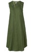Ärmelloses ärmelloses Kleid in olivgrün, rundhalsausschnitt mit kleinem V und Raffung am Ausschnitt, locker fallende Form, knielang, ohne Muster, schlicht