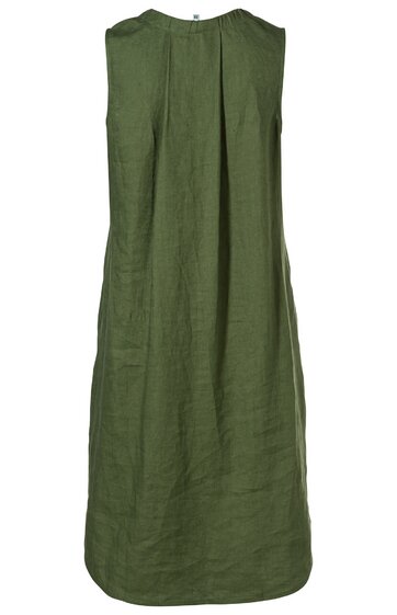 Ärmelloses, olivegrünes Kleid, knielang, rundhalsausschnitt, fließender Schnitt, keine sichtbaren Muster oder Verzierungen