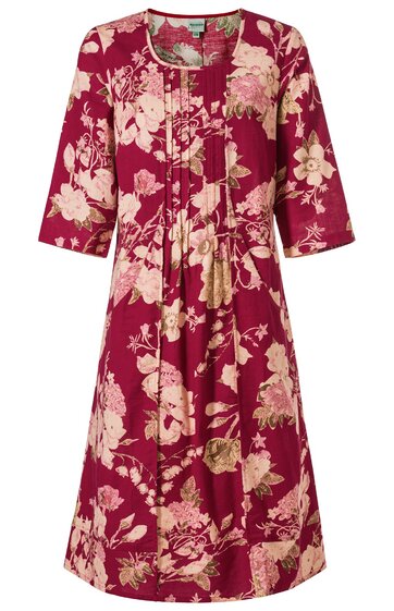 Rotes Kleid mit beigem Blumenmuster, 3/4-Ärmel, rundem Halsausschnitt, Knopfleiste vorne, knielang, leicht ausgestellte Form