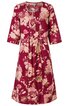 Rotes Kleid mit beigem Blumenmuster, 3/4-Ärmel, rundem Halsausschnitt, Knopfleiste vorne, knielang, leicht ausgestellte Form