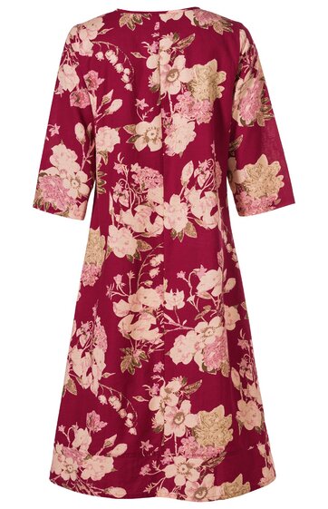 Rotes Kleid mit floralem Muster in Hellrosa und Beige, halblange Ärmel, rundhals, knielang, ausgestellter Rock