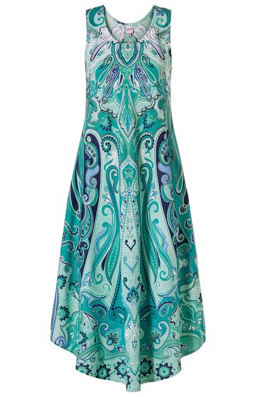 Ärmelloses Kleid in Türkis und Hellblau mit Paisley-Muster, Rundhalsausschnitt, tailliert, ausgestellter Rock mit längerem Saum hinten
