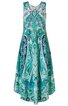 Ärmelloses Kleid in Türkis und Hellblau mit Paisley-Muster, Rundhalsausschnitt, tailliert, ausgestellter Rock mit längerem Saum hinten
