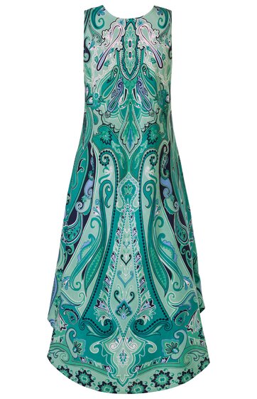 Ärmelloses sommerliches Kleid in türkis mit abstraktem Paisley-Muster, Rundhalsausschnitt, A-Linien-Schnitt, hinten länger geschnitten