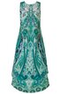 Ärmelloses sommerliches Kleid in türkis mit abstraktem Paisley-Muster, Rundhalsausschnitt, A-Linien-Schnitt, hinten länger geschnitten