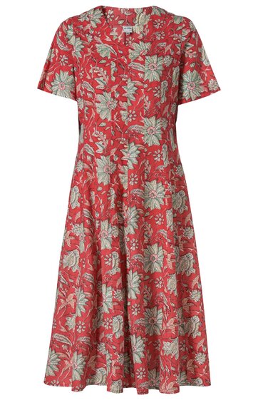 Rotes Midikleid mit beigem Blumenmuster, kurzer Ärmel, V-Ausschnitt mit kleiner Knopfleiste, ausgestellter Rock, Stehkragen