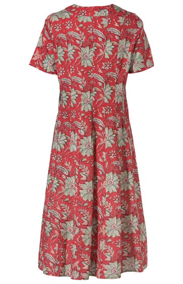 Rotes Kleid mit weißen Blumenmuster, kurzärmelig, rundem Ausschnitt, knielang, ausgestellte Form