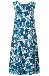 Ärmelloses Midikleid in Weiß mit großflächigem dunkelblauem Blumenmuster, rundem Ausschnitt, ausgestellte Form