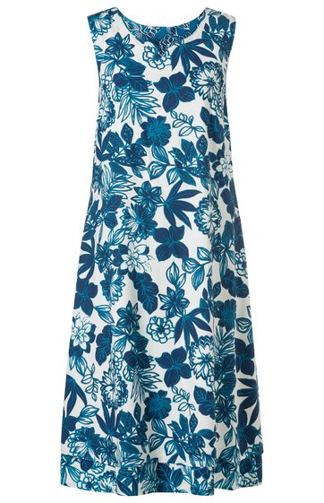 Ärmelloses Midikleid in Weiß mit großflächigem dunkelblauem Blumenmuster, rundem Ausschnitt, ausgestellte Form