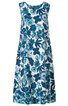 Ärmelloses Midikleid in Weiß mit großflächigem dunkelblauem Blumenmuster, rundem Ausschnitt, ausgestellte Form