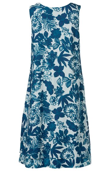 Ärmelloses Kleid in Weiß mit dunkelblauem Blumenmuster, rundem Ausschnitt, knielang, A-Linie, ohne sichtbare Verschlüsse