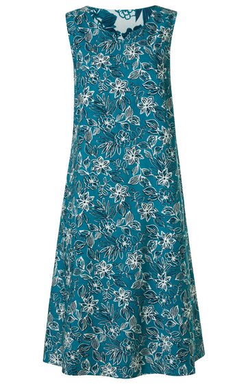 Ärmelloses Kleid in petrolblau mit weißem Blumenmuster, Rundhalsausschnitt, knielang, gerade geschnitten