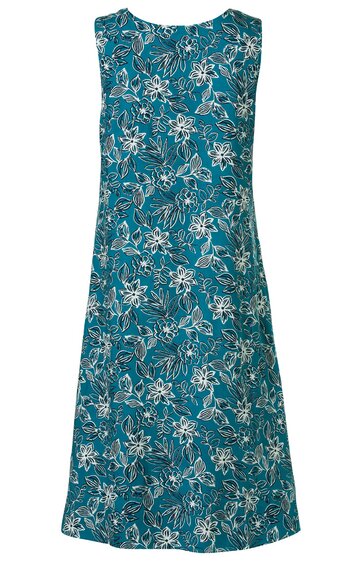 Ärmelloses Kleid in petrolblau mit weißem Blumenmuster, rundem Ausschnitt, knielang, A-Linien-Form