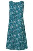 Ärmelloses Kleid in petrolblau mit weißem Blumenmuster, rundem Ausschnitt, knielang, A-Linien-Form
