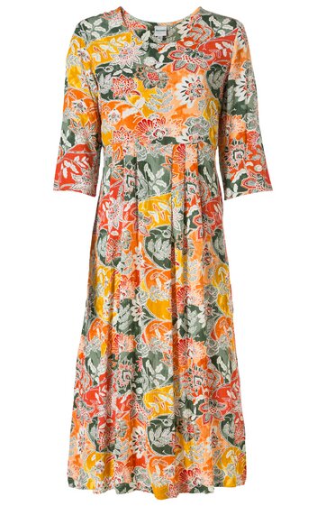 Knielanges Kleid in Orange, Grün, Weiß und Rot mit floralem Muster, Rundhalsausschnitt, Dreiviertelärmel, tailliert mit Kellerfalten im Rockteil
