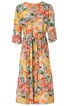 Knielanges Kleid mit floralem Muster in Gelb, Orange, Rot, Grün und Weiß, Rundhalsausschnitt, 3/4-lange Ärmel, Bindegürtel auf Taillenhöhe, lockere Passform