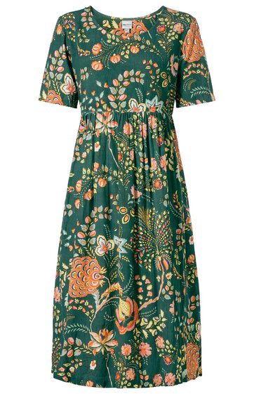Kniestanges Kleid in Tannengrün mit großflächigem Blumenmuster in Orange, Rosa und Hellgrün, kurzärmlig, rundem Ausschnitt, tailliert mit Gummizug, weite ausgestellte Passform