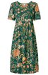 Kniestanges Kleid in Tannengrün mit großflächigem Blumenmuster in Orange, Rosa und Hellgrün, kurzärmlig, rundem Ausschnitt, tailliert mit Gummizug, weite ausgestellte Passform