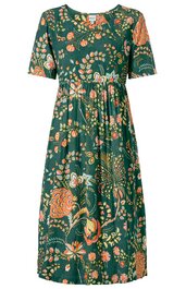 Kniestanges Kleid in Tannengrün mit großflächigem Blumenmuster in Orange, Rosa und Hellgrün, kurzärmlig, rundem Ausschnitt, tailliert mit Gummizug, weite ausgestellte Passform