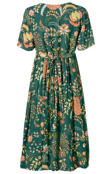 Knielanges Kleid in dunkelgrün mit buntem Blumenmuster in Orange und Gelb, rundem Ausschnitt, kurzen Ärmeln, Taillengürtel, locker fallende A-Linien-Form