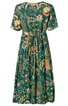 Knielanges Kleid in dunkelgrün mit buntem Blumenmuster in Orange und Gelb, rundem Ausschnitt, kurzen Ärmeln, Taillengürtel, locker fallende A-Linien-Form
