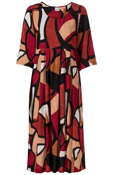 Knielanges Kleid in dunkelrot, schwarz, beige und braun, abstraktes Muster, Rundhalsausschnitt, halblange Ärmel, weitem Rock, geraffte Taille