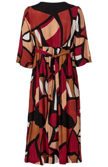 Knielanges Kleid in Ocker, Weinrot, Schwarz und Beige mit abstraktem Muster, V-Ausschnitt, 3/4-langen Ärmeln, Bindegürtel in der Taille, ausgestellter Rock
