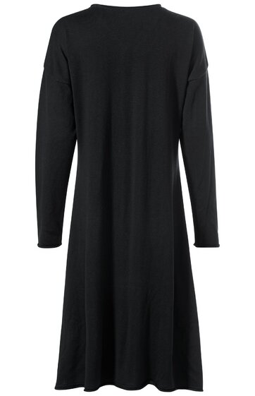Schwarzes langärmliges Kleid ohne Muster, rundhalsausschnitt, knielang, gerade geschnitten