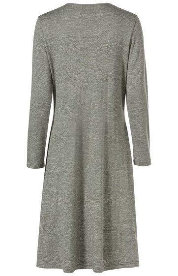Langärmliges Kleid in grauem Melange, schlichtes Design, rundhalsausschnitt, knielang, weiter Schnitt, Rückansicht
