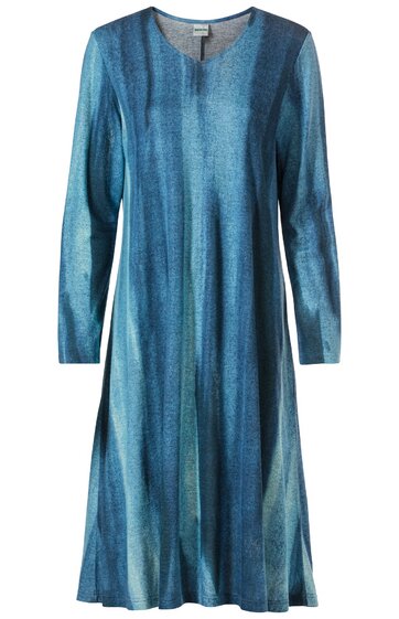 Langärmeliges Kleid in verschiedenen Blautönen mit vertikalem Farbverlauf, Rundhalsausschnitt, knieumspielende A-Linie, seitliche Eingrifftaschen