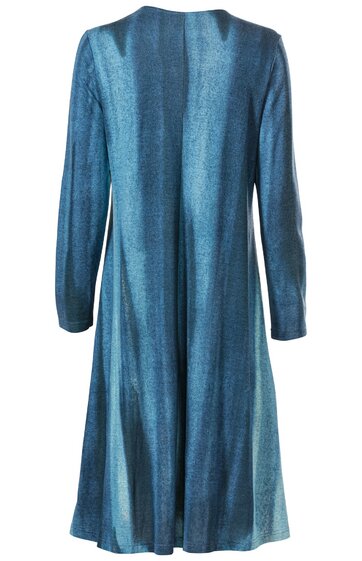 Langärmeliger Mantel in verschiedenen Blautönen mit vertikalen Farbverläufen, langer Schnitt, offen ohne Verschluss, gerade geschnitten