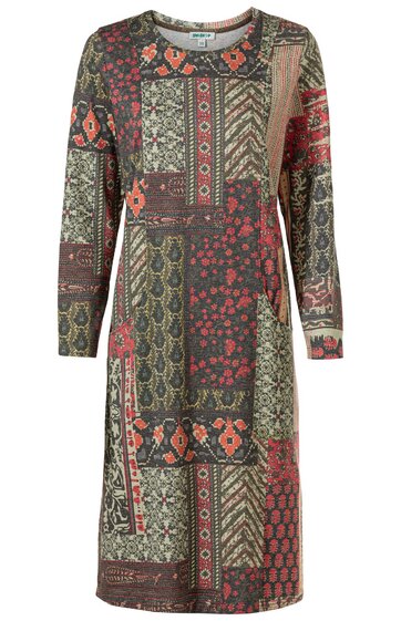 Kleid in Braun- und Grüntönen mit Patchwork-Muster aus floralen und geometrischen Motiven, Rundhalsausschnitt, lange Ärmel, gerade geschnitten