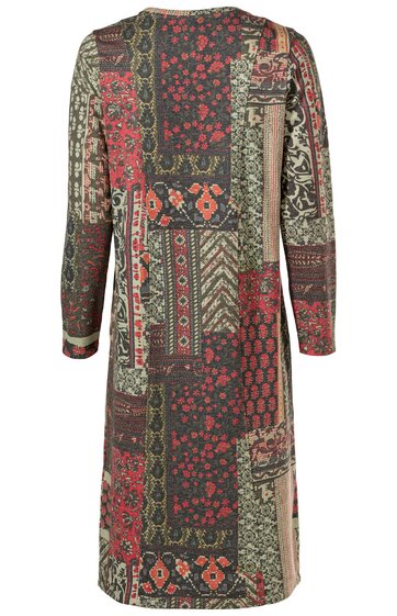 Langärmliges Kleid in Rot, Dunkelgrün und Beige mit Patchwork-Muster, rundem Ausschnitt, knielang, gerade geschnitten