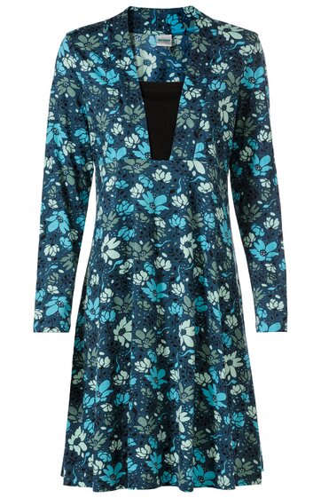 Kleid blau mit floralem Muster in Hellblau, Türkis und Weiß, langer Arm, V-Ausschnitt mit schwarzem Einsatz, ausgestellte Form, knielang