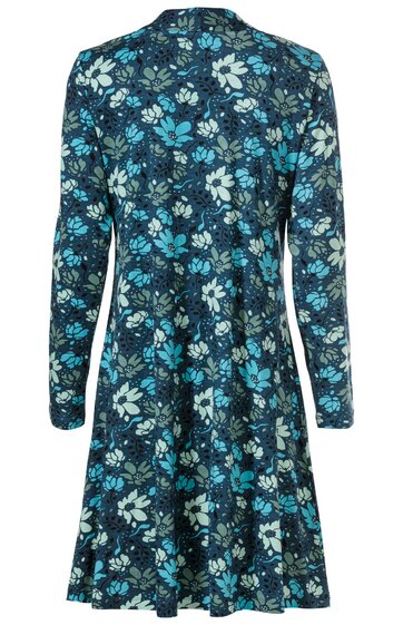 Dunkelblaues Kleid mit blau-türkis-weißem Blumenmuster, lange Ärmel, Rundhalsausschnitt, figurbetont, knielang