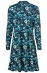 Dunkelblaues Kleid mit blau-türkis-weißem Blumenmuster, lange Ärmel, Rundhalsausschnitt, figurbetont, knielang