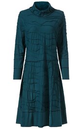 Dunkeltürkises Kleid mit langem Arm, Stehkragen, wellenförmiges, tonales Muster, leicht ausgestellter Rock, knielang