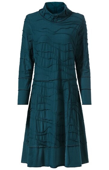 Dunkeltürkises Kleid mit langem Arm, Stehkragen, wellenförmiges, tonales Muster, leicht ausgestellter Rock, knielang