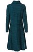 Dunkelgrünes, knielanges Kleid mit langem Arm, Stehkragen, Linienmuster, ausgestelltem Rock, figurbetont geschnitten