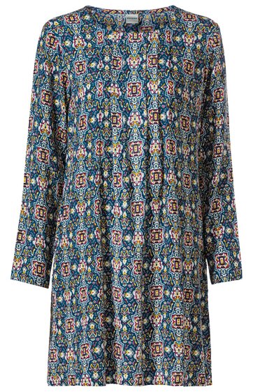 Langärmliges Oberteil in Blau mit buntem, symmetrischem Muster aus Rot, Weiß und Gelb, Rundhalskragen, gerader Schnitt