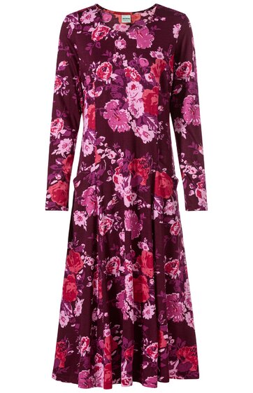 Langes Kleid in Dunkelrot mit mehrfarbigem pinkfarbenem und rotem Blumenmuster, Rundhalsausschnitt, lange Ärmel, ausgestellte Rockform