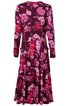 Midikleid in dunkelviolett mit großflächigem rosa und roten Blumenmuster, langärmlig, rundhalsausschnitt, leicht ausgestellter Rock, tailliert