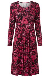 Knielanges Kleid in Schwarz mit pinkfarbenem Blumenmuster, Rundhalsausschnitt, lange Ärmel, taillierte Form