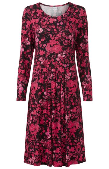 Knielanges Kleid in Schwarz mit pinkfarbenem Blumenmuster, Rundhalsausschnitt, lange Ärmel, taillierte Form