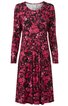 Knielanges Kleid in Schwarz mit pinkfarbenem Blumenmuster, Rundhalsausschnitt, lange Ärmel, taillierte Form