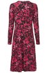 Langärmeliges knieumspielendes Kleid in dunklem Pink mit schwarzem Blumenmuster, rundhals, leicht ausgestellt