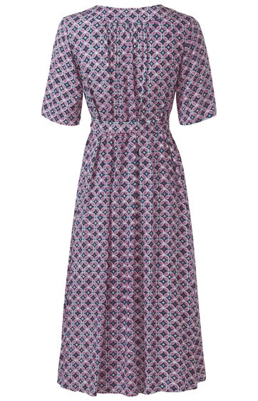 Kleid in Blautönen mit pinkem und weißem geometrischem Muster, Knopfleiste vorne, kurze Ärmel, tailliert, knielang