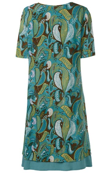 Kleid in türkis und grün mit abstraktem Muster, kurze Ärmel, rundhalsausschnitt, knielang, gerade geschnitten, mit abgestepptem Saumabschluss